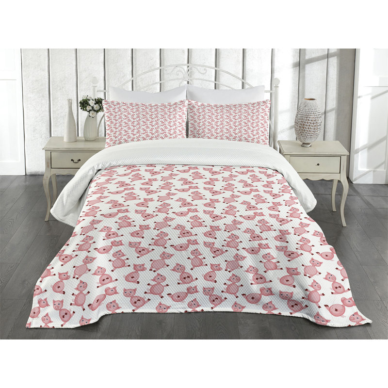 White Quilted Queen Bedspread Set with Pink Cartoon Pigs
