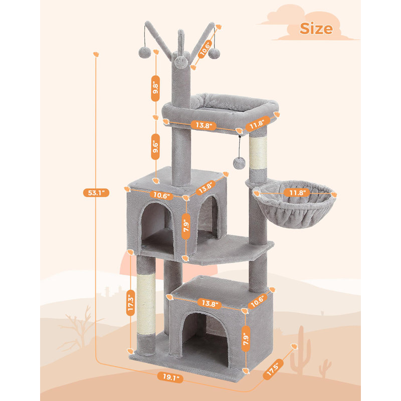 Arbre à chat de 53 pouces de haut avec 2 appartements, poteaux à griffer, hamac et jouets pour chat