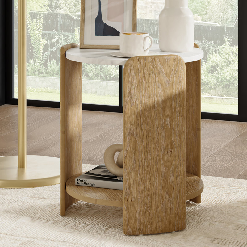 Fermina Modern Oak Veneer Wood Legs Round Marble Top End Table, Natural