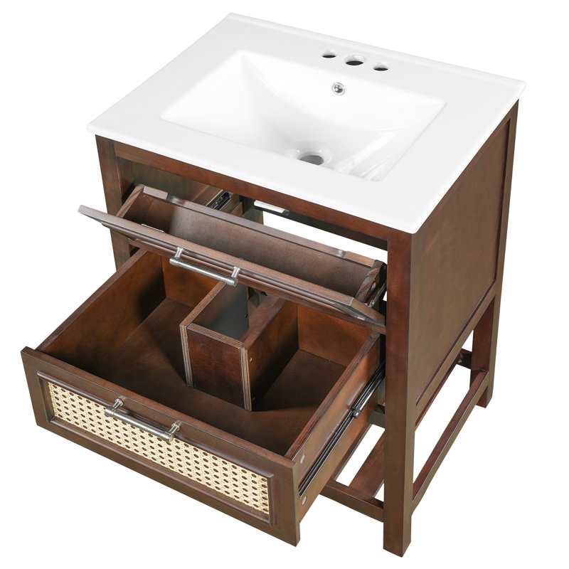 Meuble-lavabo de 24 po avec lavabo intégré en céramique, meuble-lavabo à 1 tiroir profond, 1 tiroir basculant et meuble-lavabo simple pour les petites et moyennes toilettes