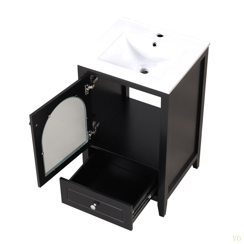 Meuble-lavabo de 20 po avec lavabo, armoire de salle de bain avec porte en verre à fermeture douce, tiroir, Noir