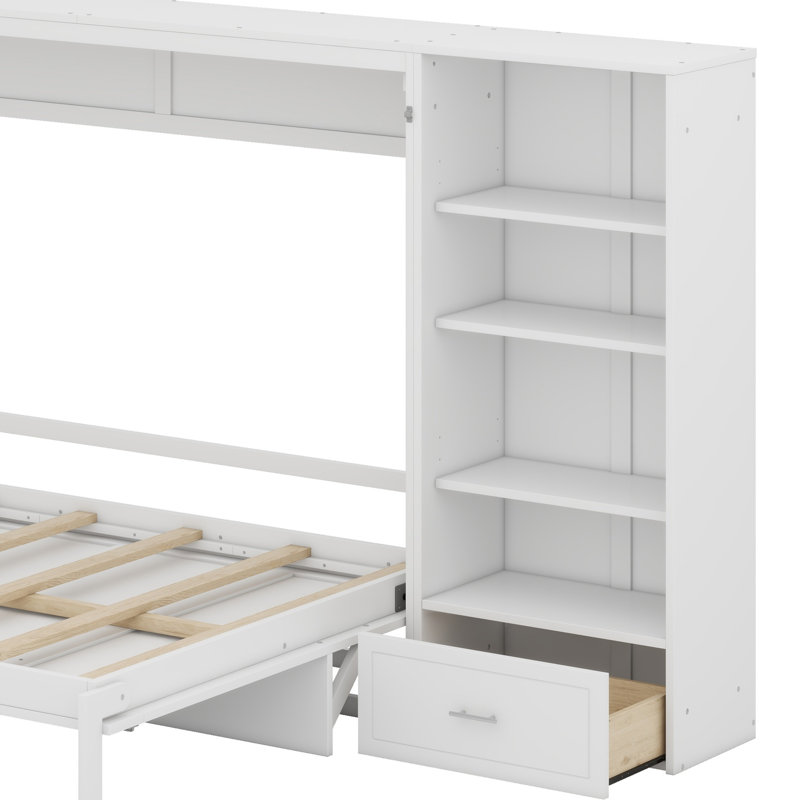 Lit escamotable avec compartiments de rangement et tablette réglables en hauteur, cadre de lit mural avec 1 tiroir, lit plateforme pliable multifonctionnel