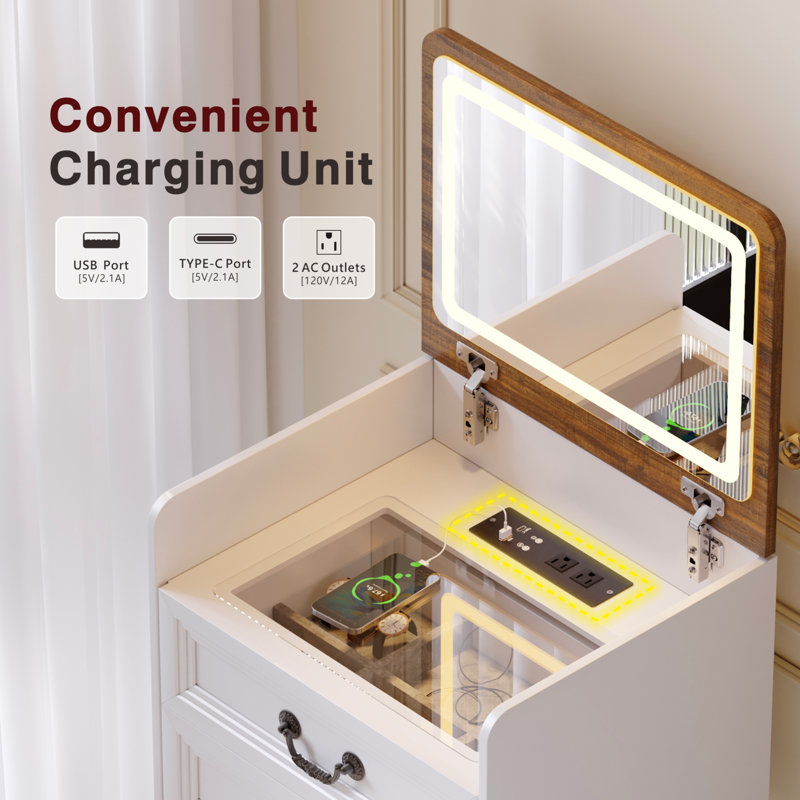 3-in-1 Compact Vanity Desk With Flip-top 3-color Led Mirror And Charging Station, White