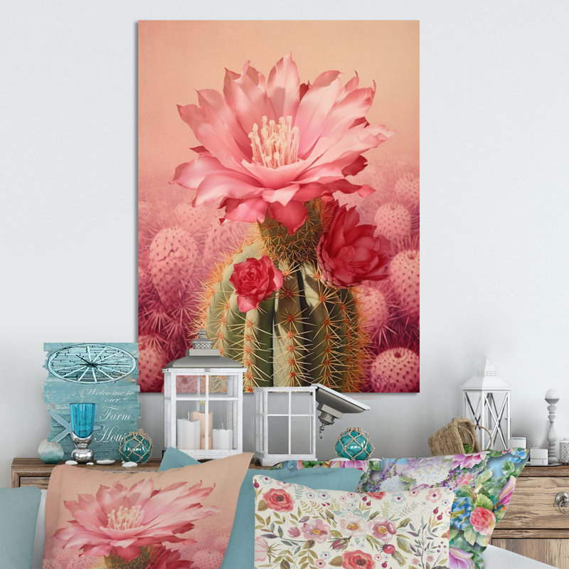 Cactus rose, vert, collage minimal sur impression métallique, H 32 po x l 16 po x P 1 po