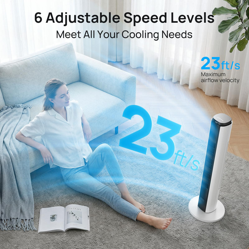 37-Inch Bladeless Portable Tower Fan - 80° Oscillation, 6 Speeds, 4 Modes, Quiet Cooling With 12H Timer & Remote, Led Display, Secondary