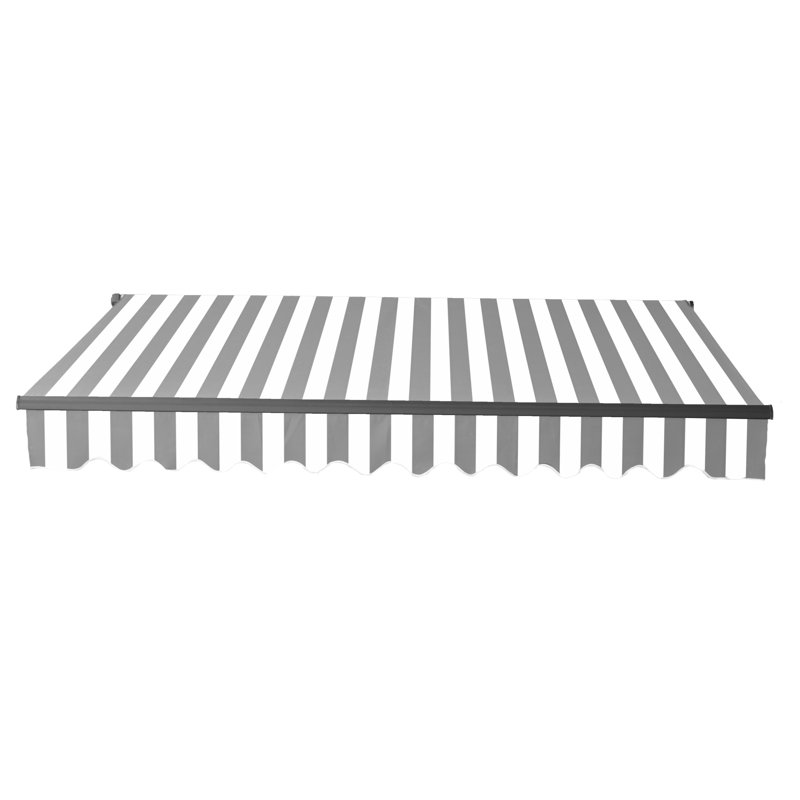 Auvent de patio motorisé rétractable - cadre noir, l 12 pi x P 10 pi, Gris / Blanc, À rayures