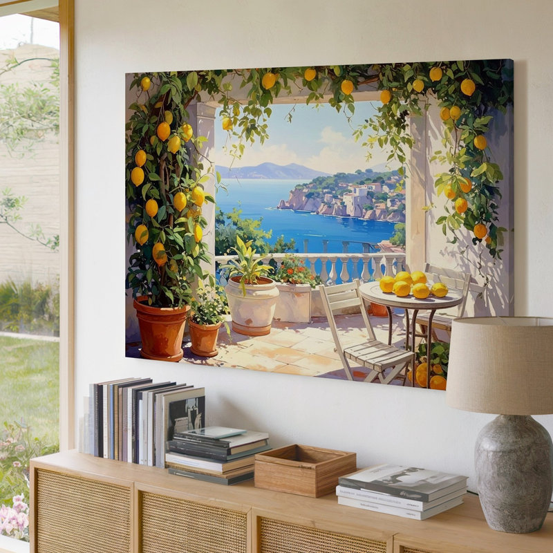 Art mural sur toile, terrasse méditerranéenne ensoleillée, bord de la citronnelle et vue sur la mer, H 20 po x l 30 po