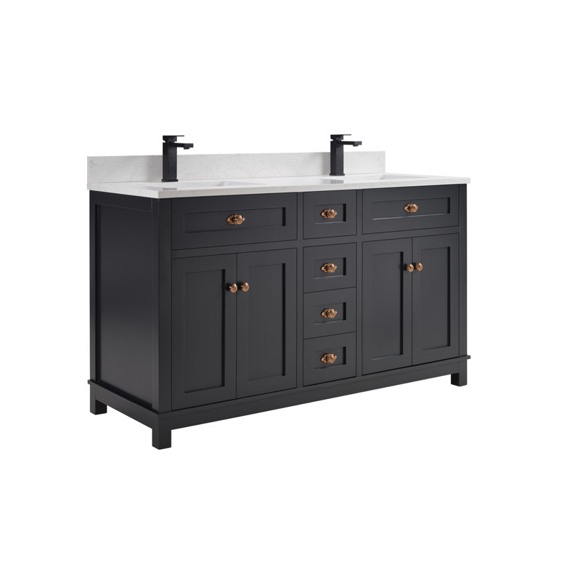60" Finish Solid Wood Sink Vanity With 1' Artificial Stone Top, Tricorn Black, Rose Gold