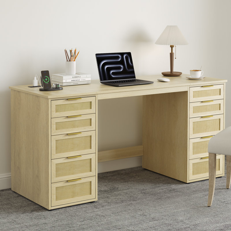 60" Boho Farmhouse Home Office Desk with 10 Wooden Drawers, Rattan Computer Writing Desk with Power Outlets, Large Executive Desk with Storage Cabinet for Work Study Writing craft.