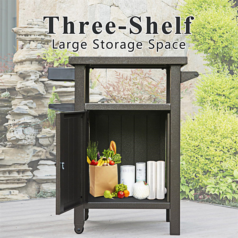 Brown Metal Outdoor Grill Cart with Storage and Wheels
