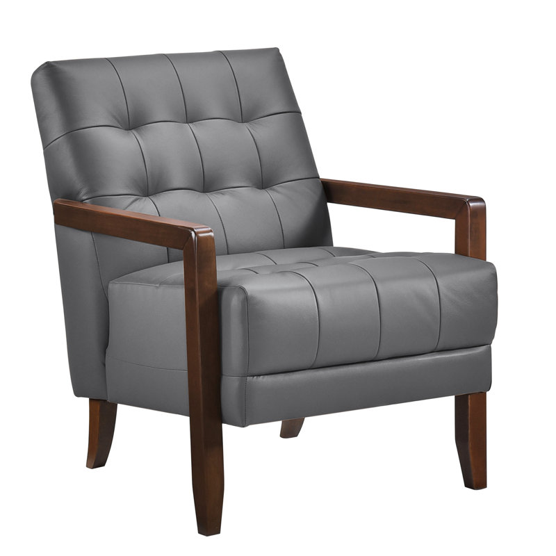 Chaise d'appoint contemporaine en cuir 100% gris foncé, coquille de contreplaqué et pieds en cuir avec finition en noyer