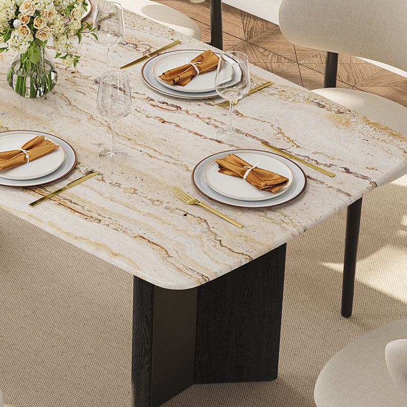 Table de salle à manger de luxe 63 "à dessus en pierre avec veines uniques naturelles et bois noir bi-matière + base en acier inoxydable