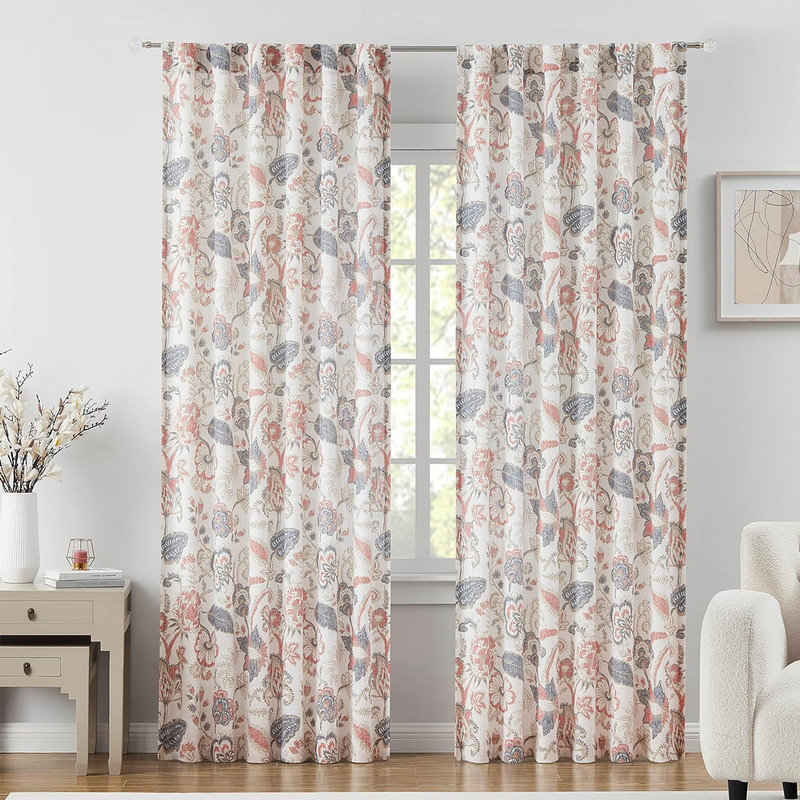 Backtab Rod Pocket Floral Semi Sheer Curtains,Light Filtering Window Living Room,52"x84",2 Panels