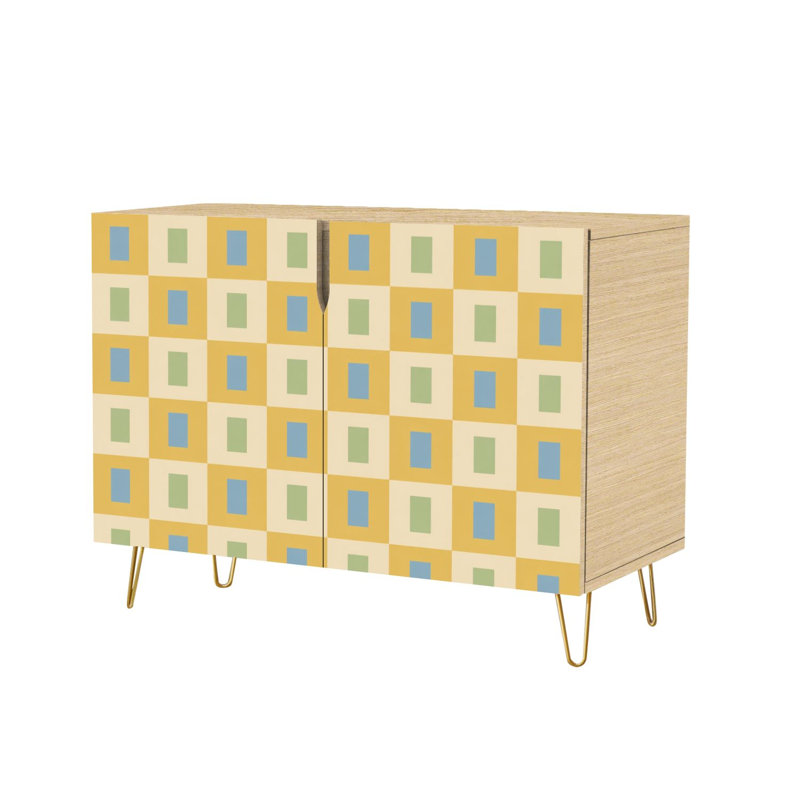 Buffet buffet avec rangement géométrique rétro jaune bleu vert avec 2 portes pour le salon et la cuisine