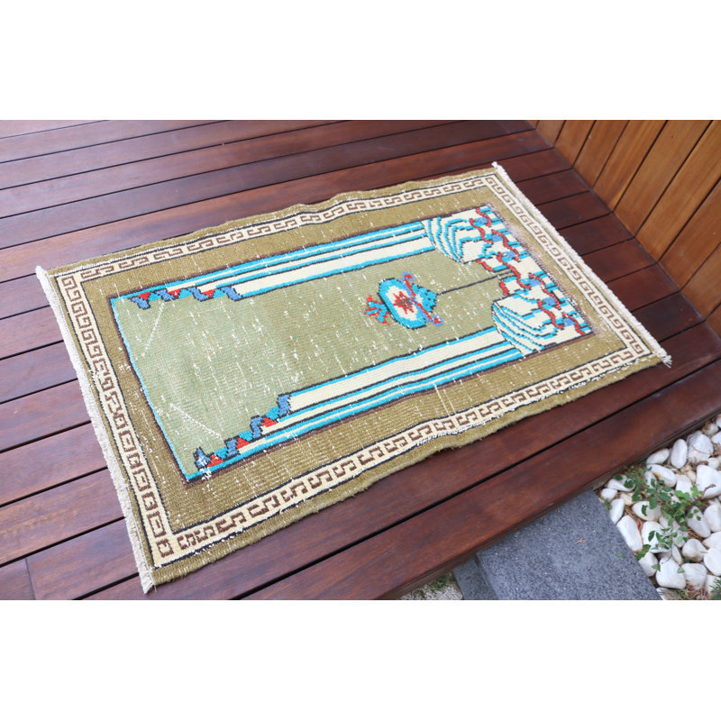 Handwoven Vintage Turkish Rug in Green and Blue Accent for Boho Chic Home Office or Small Area - Unique Gift Idea for Home Decor Enthusiasts