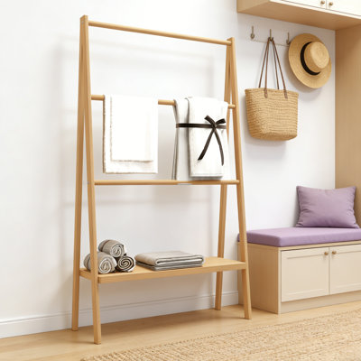 Porte-serviettes échelle en bambou avec tablette de rangement