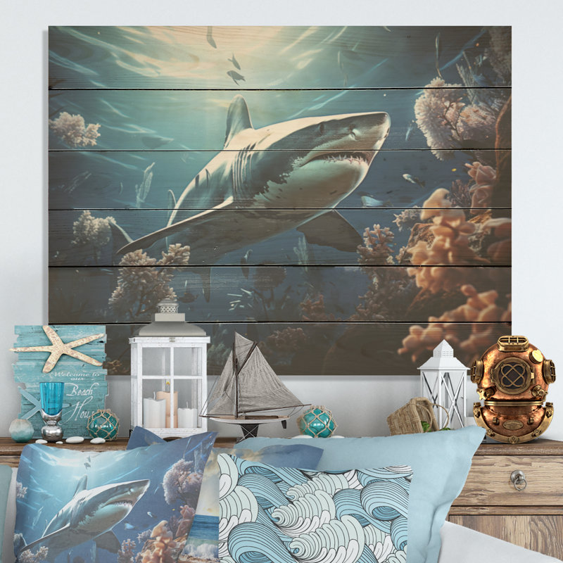 Coral Sharks Ballet I - Coastal Coral Under Water Wood Wall Art On Natural Pine Wood, 24" H x 32" W