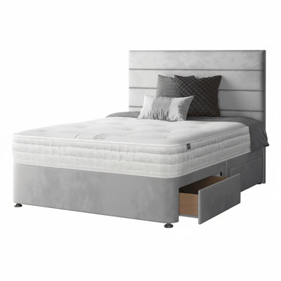 Kiara Stripped Floor Standing Headboard With Divan Base 4 Drawers Plush Velvet Mallard With And Metal Feet (Kingsize)