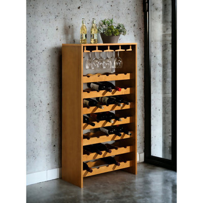 Oak Finish 35 - Bottle Wine And Stemware Rack, 7 Tier Shelf, 4 Cup Holders, Particle Board, 12" Product Depth, 24" Width, 48" Height, 3" Floor , 100lb