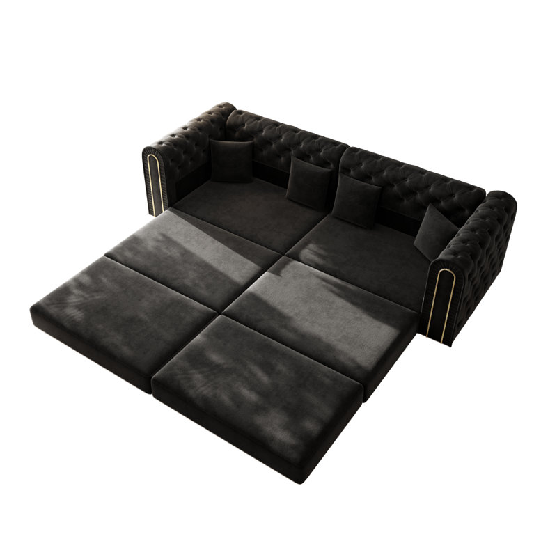 Canapé-lit moderne 90,6 po en velours noir 3-en-1 avec repose-pieds, pieds dorés et capitonnage à boutons, canapé modulaire à structure en bois