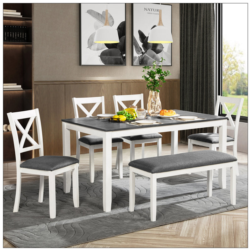 Ensemble de table de salle à manger 6 pièces avec banc, ensemble de table à manger en bois pour 6 personnes, ensemble de table à manger moderne pour 6 personnes pour la salle à manger, cuisine, gris et blanc deux tons