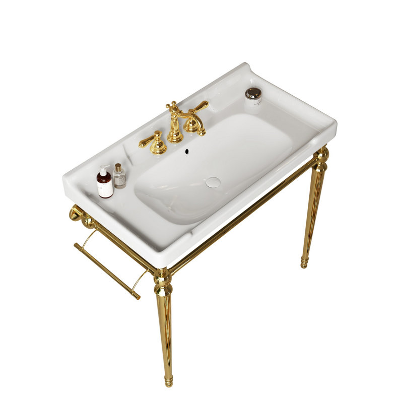 Bathroom Console Sink With Towel Bar And Stainless Steel Support Legs, Ceramic Basin With 3 Pre-Drilled Faucet Holes