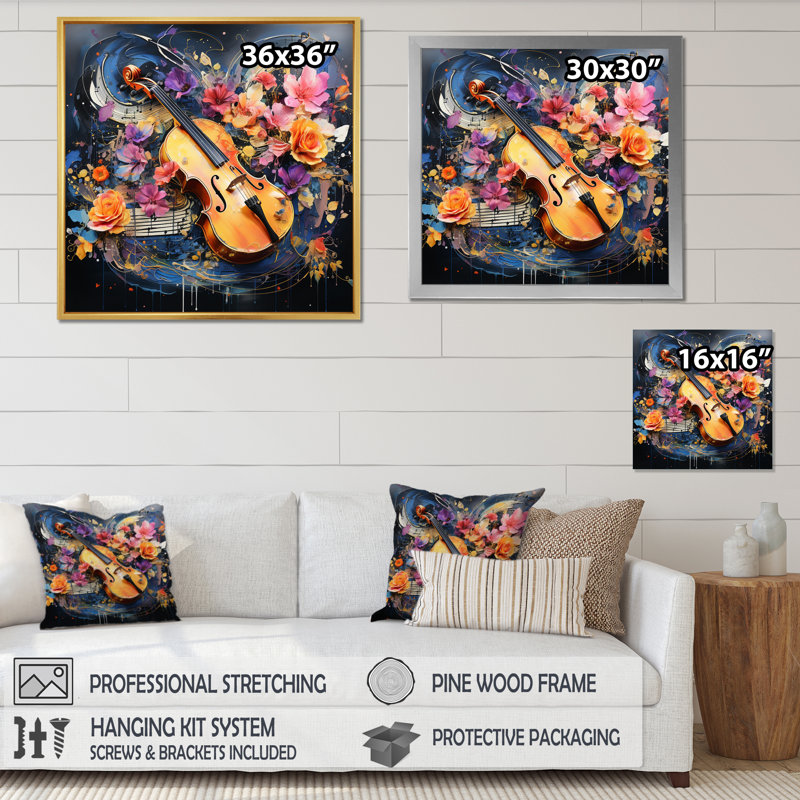 «Red Music Abstract Chorus Dynamic», reproduction sur toile, Cadre flottant doré, H 16 po x l 16 po x P 1 po