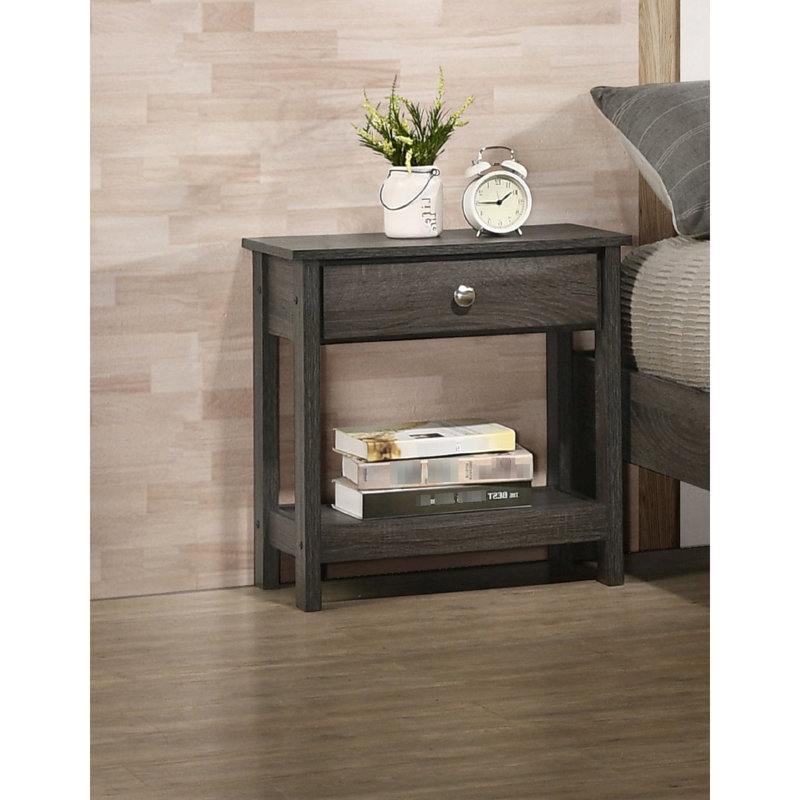 Table de chevet de style rustique avec tiroir simple et tablette inférieure pour chambre à coucher en gris