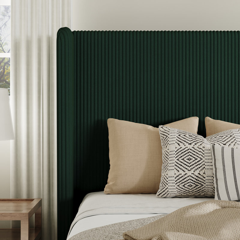Lit plateforme en velours côtelé avec tête de lit à oreilles et lattes en bois, aucun sommier tapissier requis, Grand, Vert