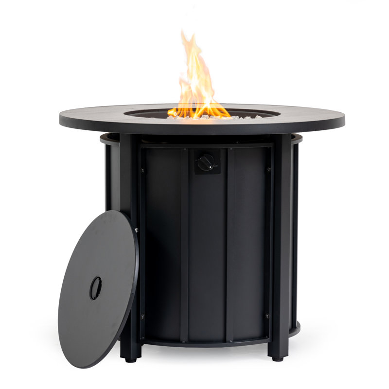 30" Propane Gas Fire Pit Table, 50000 BTU Round Steel Fire Pit With Wood Grain Ceramic Tabletop For Outside Patio Deck Garden Backyard Black