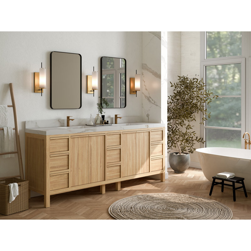 Elizabeth 84" Light Brown Teak Double Sink Bathroom Vanity with Calacatta Quartz Top
