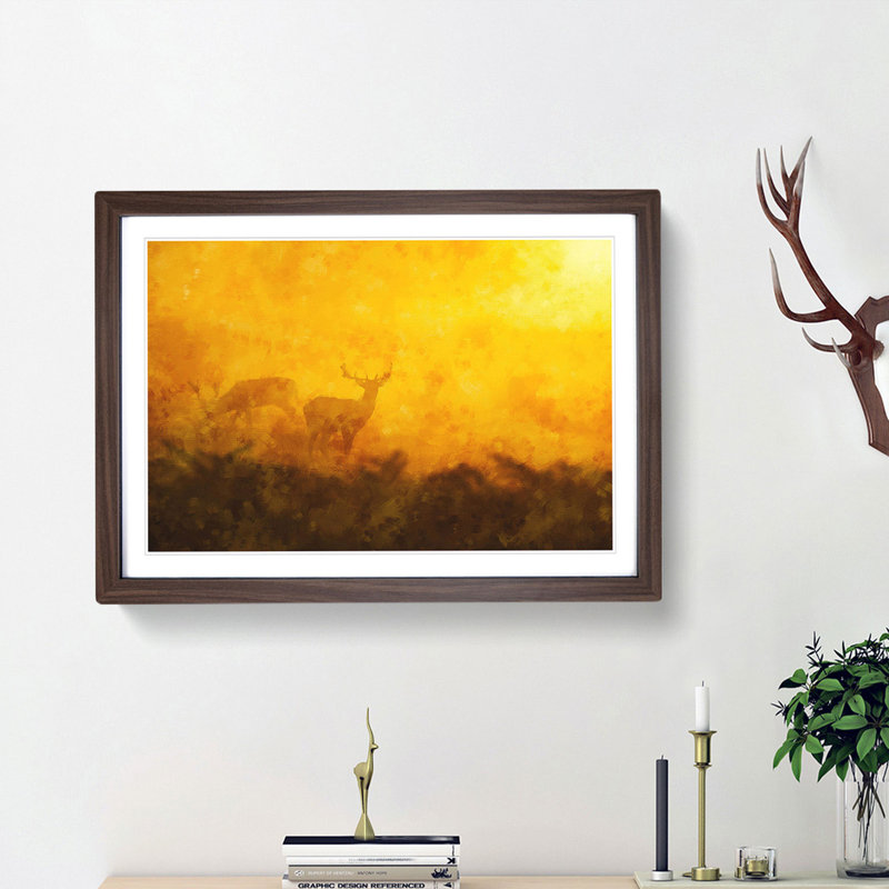 Grazing Stag Deer - Single Picture Frame Painting on MDF, 27cm H x 36cm W x 2cm D, Walnut Framed
