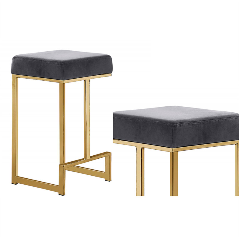 Tabouret à hauteur de comptoir en velours gris de 25 po de hauteur avec base dorée (ensemble de 2), Velvet