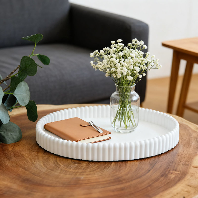 Scalloped Concrete Tray For Home Decor, Modern Oval Centerpiece Tray For Coffee Table, Living Room, And Kitchen, White