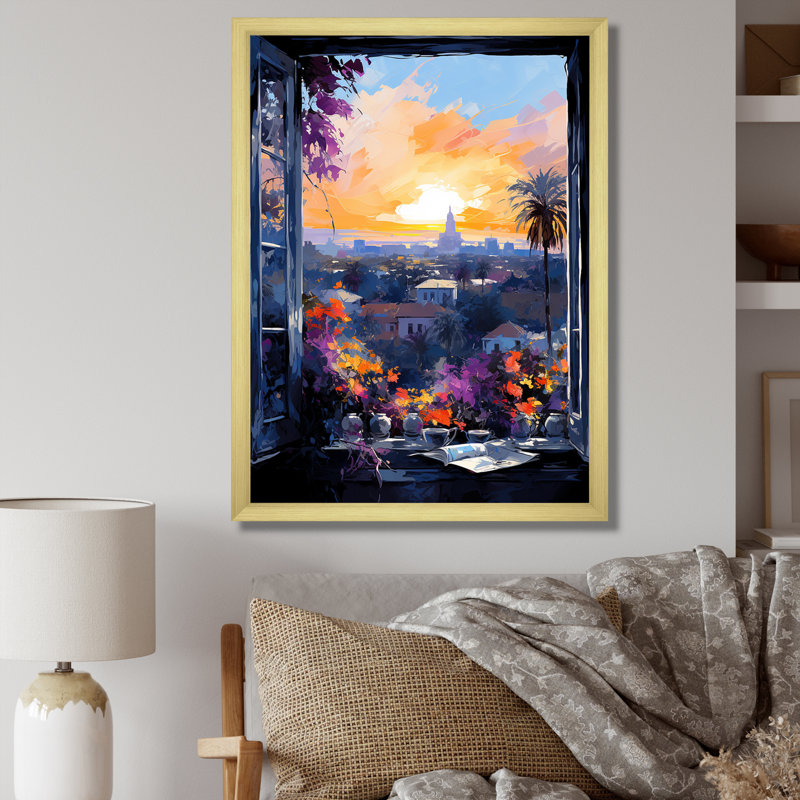 Los Angeles Window View 3 - Art mural de fenêtre floral, Cadre doré simple, H 44 po x l 34 po x P 1,5 po