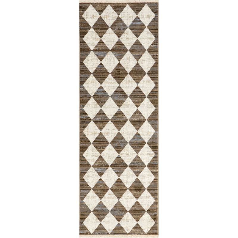 Tapis à franges Kimara, Tapis de couloir 2 pi 6 po x 13 pi, Brown/Beige