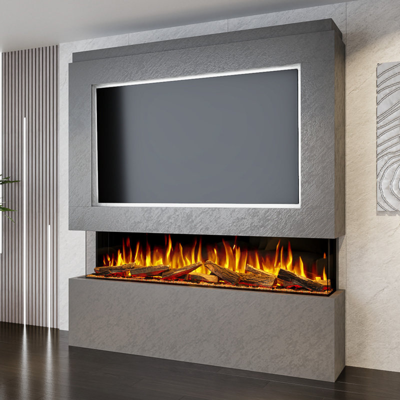 Evolution Fires Pre-Built Media Wall Package 12, finished in textured Venetian Plaster, includes Advance Series 1800 3-Sided Electric Fireplace