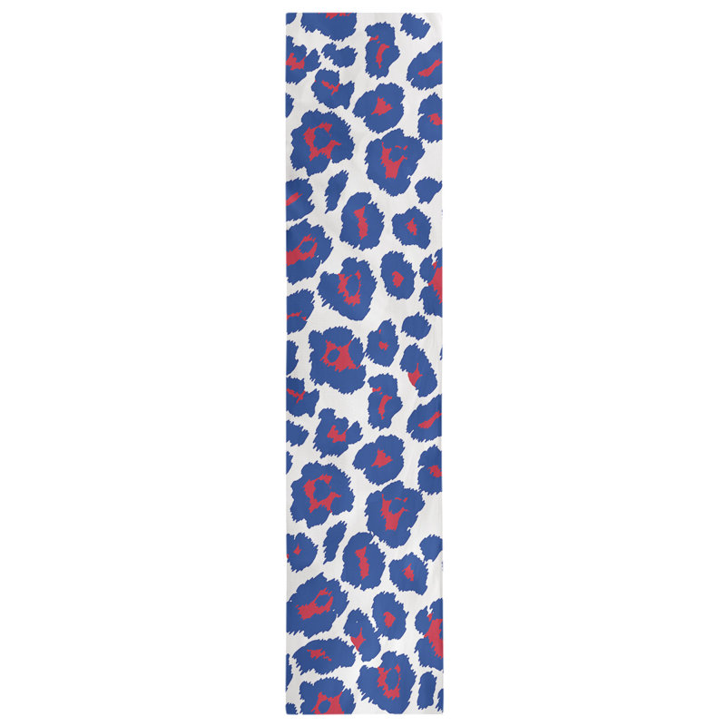 Animal Print Table Runner, 72" x 16", White/ Light Blue/ Red