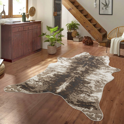 Tapis brun et peau de vache 152 x 213 cm, tapis tissé à la machine pour zones de passage intense, décor rustique, texture 3D, effet taché, épaisseur 1,1 cm, motif, 1,5 m x 2,13 m, tissé à la machine, rustique, hauteur