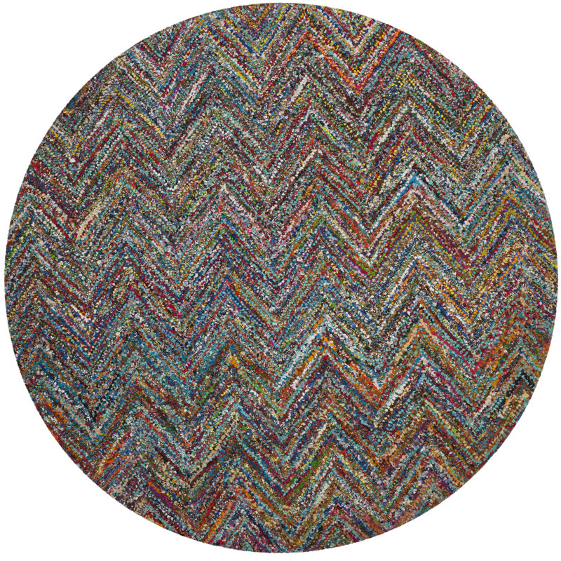 Tapis bleu / multicolore en coton touffeté à la main Anaheim, Rond 6 pi