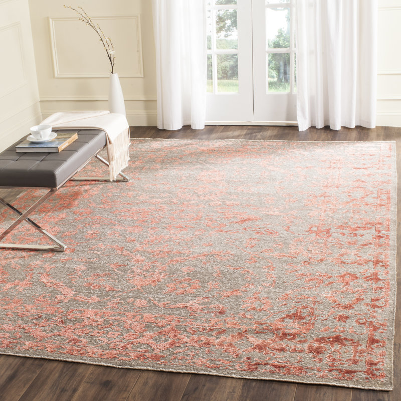 Rectangle Centennial Floral Hand-Knotted Cotton/Viscose Area Rug in Gray/Red, Rectangle 8' x 10'