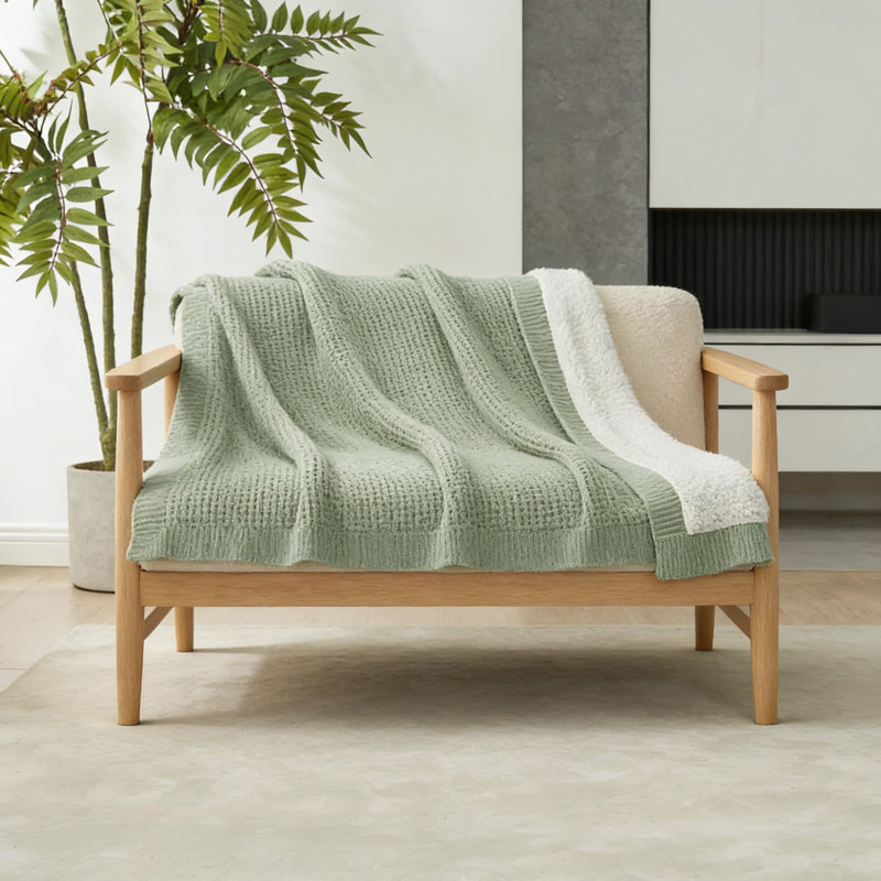 Jeté réversible en tissage gaufré, tricot en chenille et sherpa moelleux, couverture douce et chaude pour canapé, lit et salon
