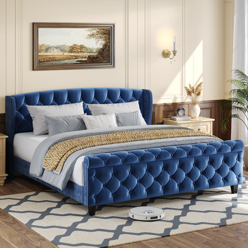 Elowen Glam Velvet Upholstered Sleigh Bed With Wingback Headboard & Scroll Footboard, Queen, Blue