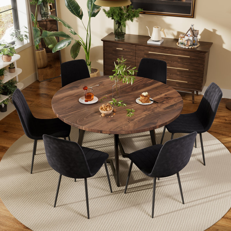 Ensemble de table de salle à manger ronde avec chaises en tissu d'ameublement en velours, 7, Noyer, Noir