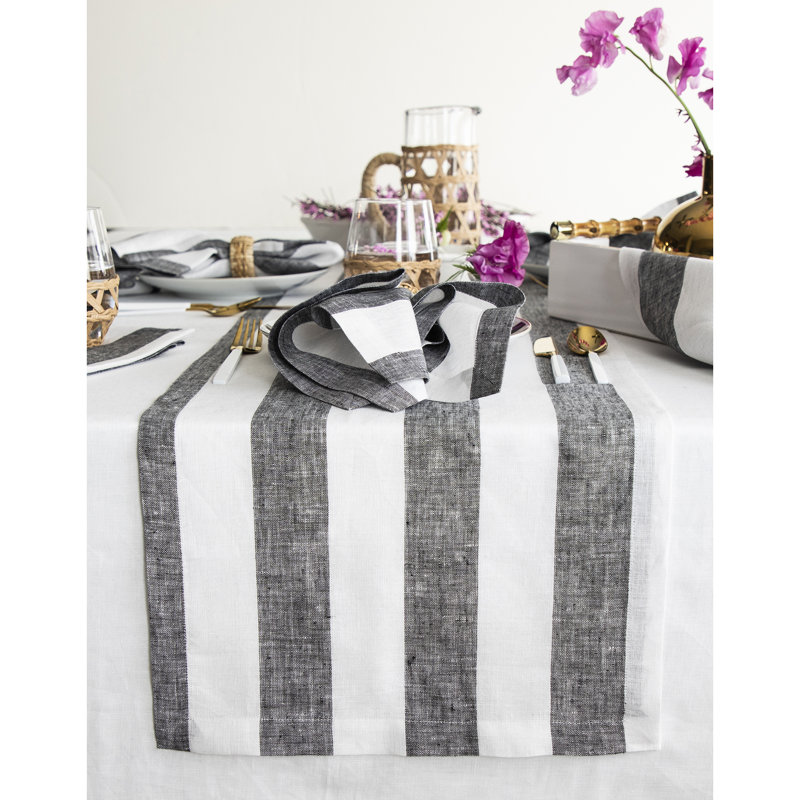 Cabana Stripe - 100% Pure Linen Table Runner, 90" x 18", Black/White