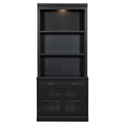 83.4" Tall LED-Lit Bookshelf With Glass Doors & Drawer – Modern Storage Cabinet For Living Room Or Home Office