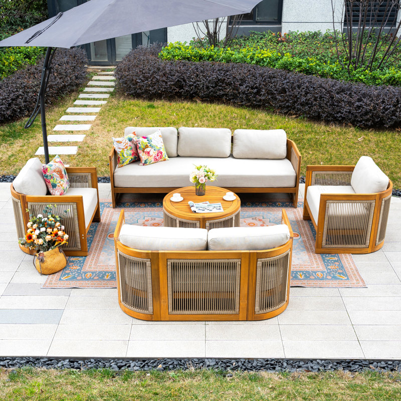 -Piece Outdoor Solid Wood & Rope Sofa Set with Coffee Table for 7