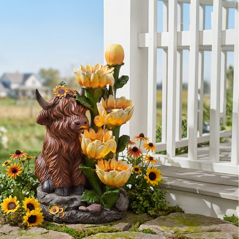 Rustic Cow & Tulip Garden Fountain – 23.62" H with LED Light