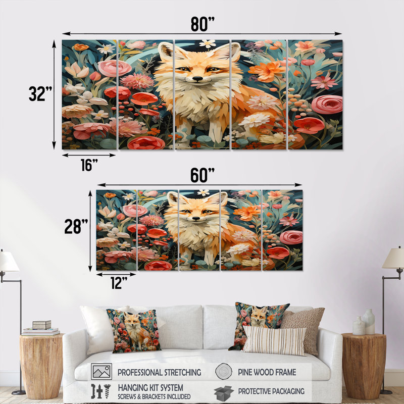 Ensemble de 5 décorations murales renard orange et rose style matte III - Renard, H 32 po x l 80 po