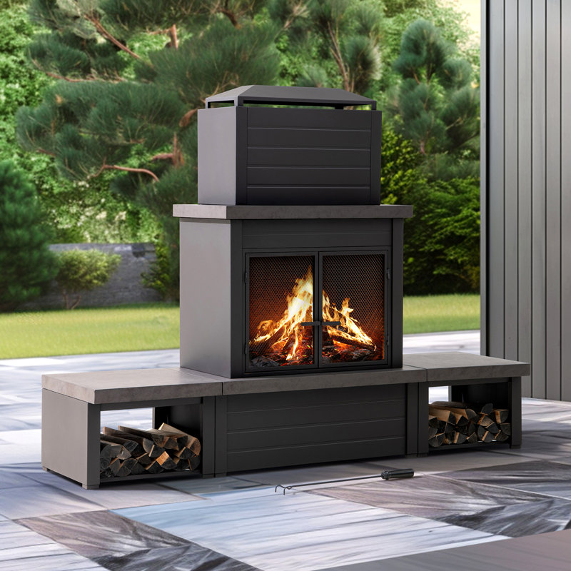 Sunjoy Outdoor Fireplace, Patio Wood Burning Steel Fireplace with Chimney, Log Holders, Fireplace Tool and PVC Cover, Brown